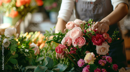 A skilled florist meticulously arranges a stunning bouquet  showcasing exquisite craftsmanship and the unparalleled beauty of nature. Each bloom is thoughtfully selected and artfully placed 