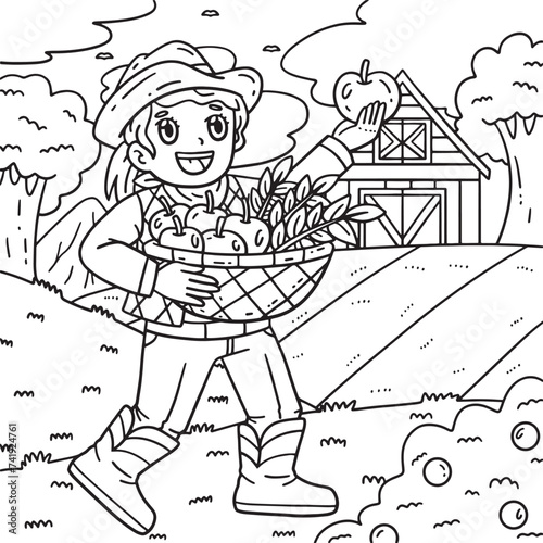 Cowgirl with Basket of Apples and Wheat Coloring