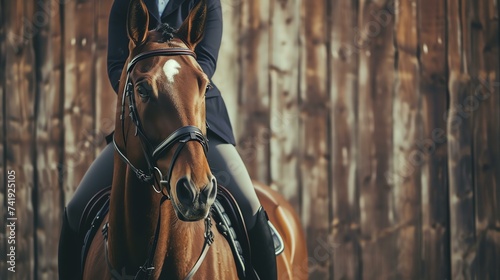 A majestic horse rider exudes elegance and confidence, with their gear perfectly in place, set against the timeless beauty of a rustic barn wood background. © AiStock