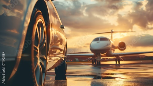 Immerse yourself in the lap of luxury as a sleek, black car takes center stage in front of a majestic private jet, exuding sophistication and exclusivity on a sunlit tarmac. photo
