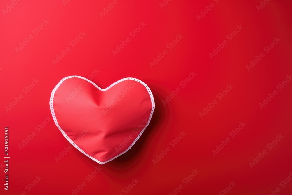 A plush red heart pillow edged with lace on a vibrant red backdrop, symbolizing love and Valentine's Day. Romantic Red Heart Pillow on Valentine's Background
