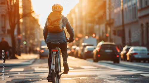 A young urbanite effortlessly glides through the bustling city streets on a sleek bicycle, embracing the eco-friendly revolution and capturing the essence of vibrant urban life. photo