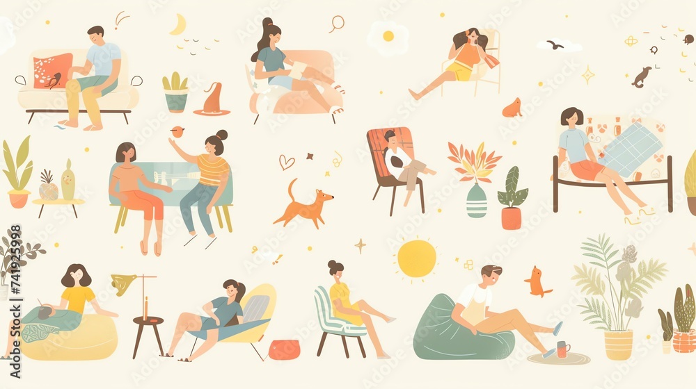A collection of enchanting stock images capturing relaxed characters in serene leisure settings, accompanied by vibrant scenes of joyful celebrations. The soothing color scheme invites tranq