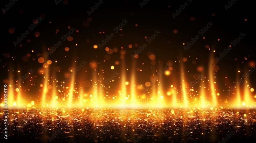 Abstract dark glittering fire embers and sparks on black background   dramatic fire particles lights