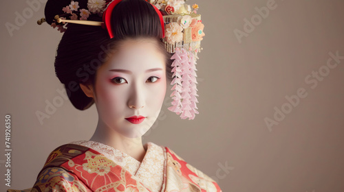 A stunning traditional geisha in her early 30s, exuding elegance and charm. Adorned in a breathtaking kimono adorned with mesmerizing intricate designs, she captivates with her timeless grac photo