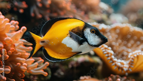 Foxface fish swimming among vibrant corals in a beautifully decorated saltwater aquarium environment