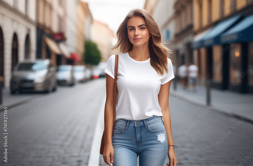 A young woman of European appearance in a white T-shirt walks around the city