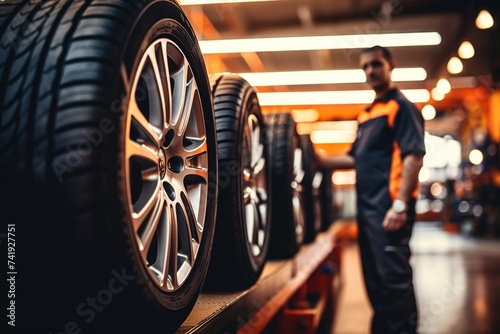 A man in work clothes looks at car tires lined up in a factory warehouse. photo