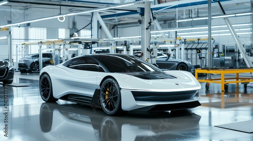 Futuristic, state-of-the-art automotive factory producing cutting-edge electric sports cars. Precision engineering at its finest.