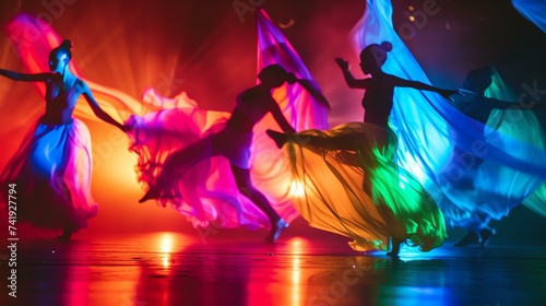 Colorful dancers in vibrant costumes perform a dynamic routine amidst a mesmerizing display of dynamic lighting. A visual feast of movement and energy.