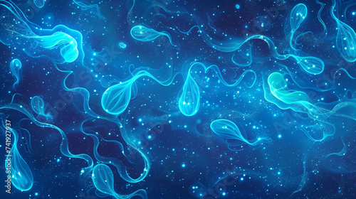 Dive into the enchanting depths of the ocean with this mesmerizing stock image. The luminous, seamless pattern of bioluminescent plankton turns the underwater world into a surreal spectacle, photo