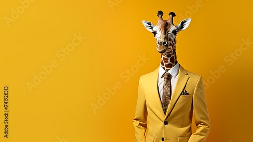 Business giraffe in suit at office, studio shot with copy space on plain wall for text placement. © Ilja