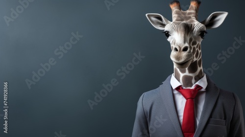 Anthropomorphic giraffe in business suit pretending to work in office, studio shot with copy space