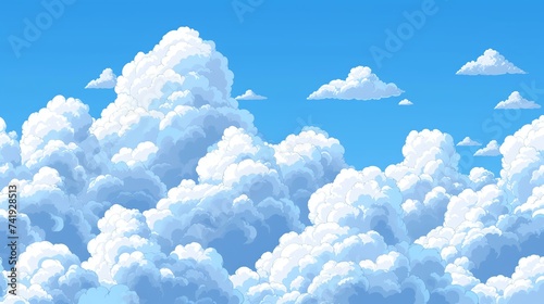 A soothing and serene seamless pattern featuring the image of a fluffy, white cloud gracefully drifting in a clear blue sky. Perfect for adding a touch of tranquility to any project or desig photo