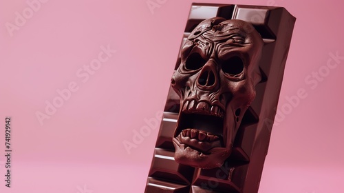 A frighteningly lifelike zombie-shaped chocolate bar stands out against a dreamy pastel pink background, ready to give customers a spooky and delicious treat. Perfect for Halloween parties, photo