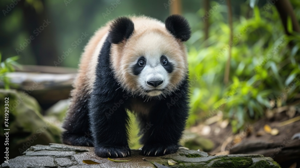 Obraz premium A black and white panda bear is standing confidently on a rock, displaying its unique markings and fluffy fur.