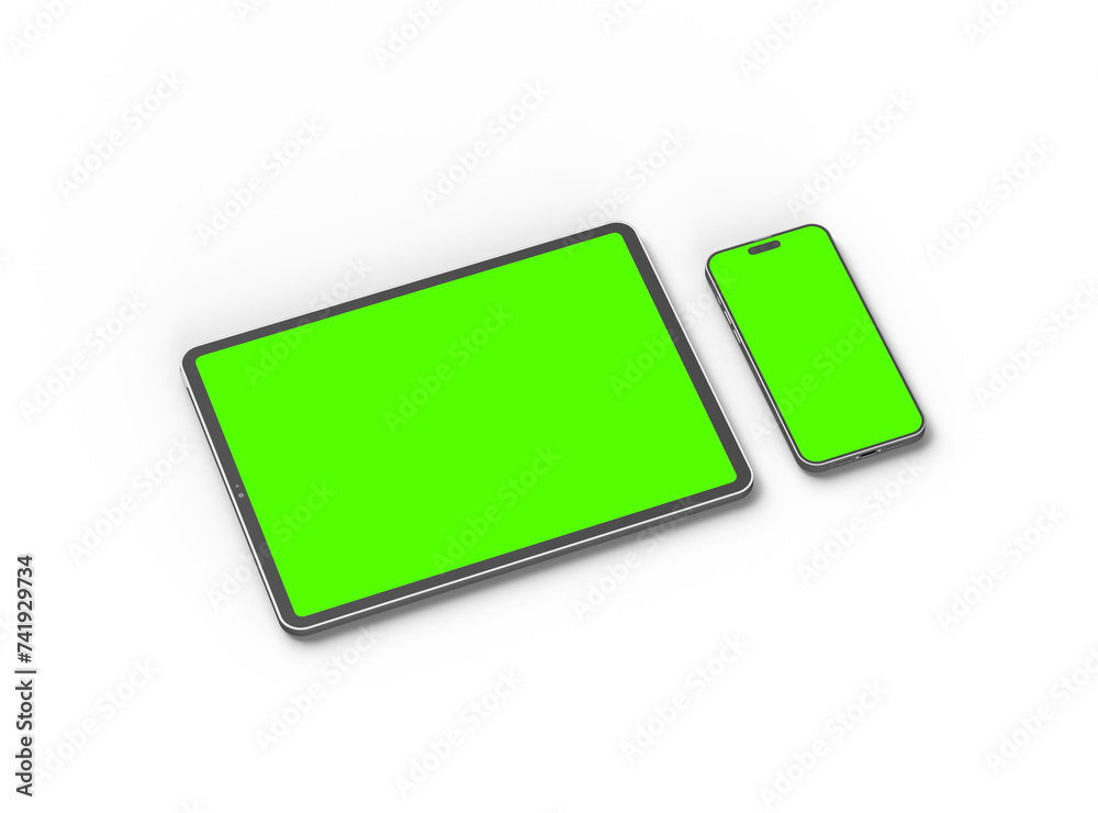 3d render of smartphone and tablet with a green screen on a light background 3d render of smartphone and tablet with a green screen on a light background