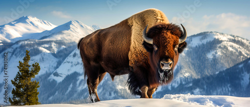 A bison stands in the snowy wilderness, mountains looming in the backdrop