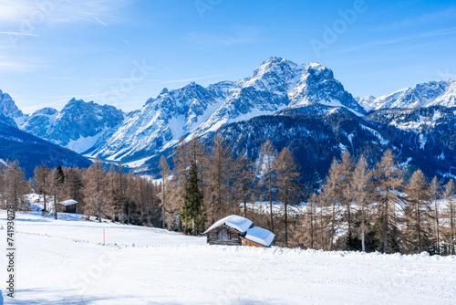 Fototapeta Naklejka Na Ścianę i Meble -  Winter landscape with snow covered Dolomites in Kronplatz, Italy