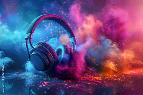 World music day illustration with headphones exploding with bright colorful colors. photo
