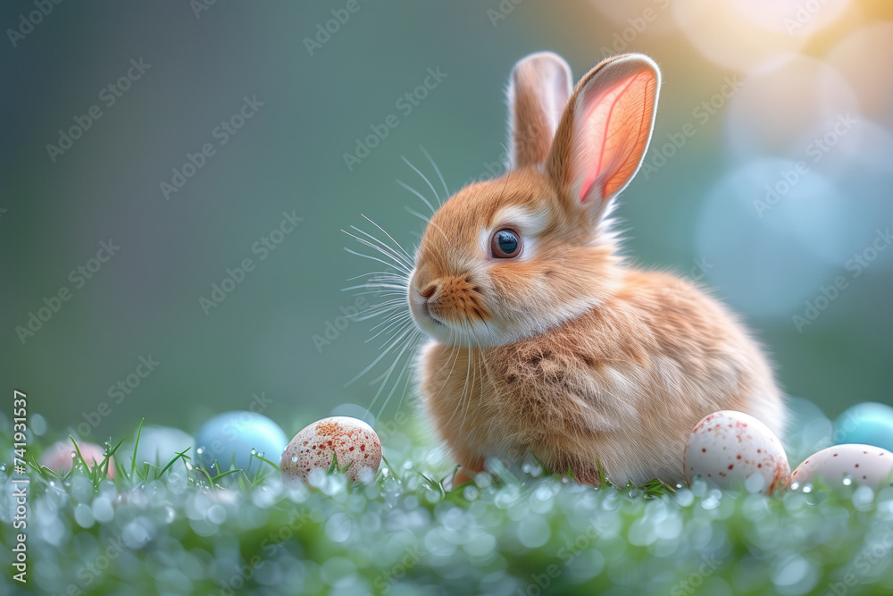 Fototapeta premium easter card, cute rabbit among paschal eggs