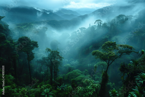 morning sunrise over the cloud forest in misty mountains