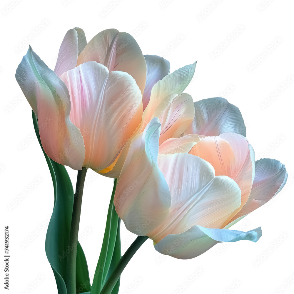 pastel colored tulips isolated on transparent background, elegant bloom flowers, nature srpring beauty bouquet