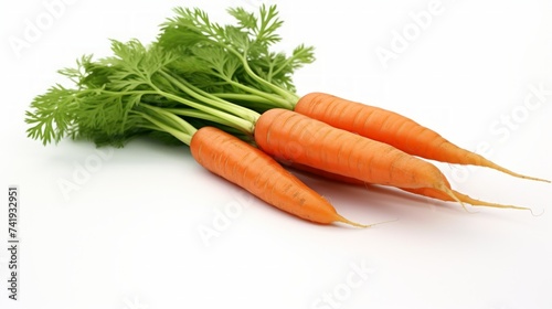 Close-up realistic photo showcasing three freshly harvested carrots on a white background Generative AI