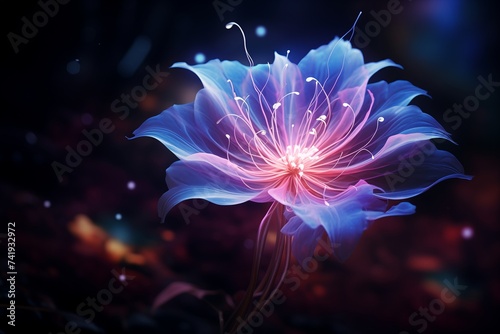 Glowing Flower with Blue and Purple Lights, Photorealistic Fantasy Style, Light Pink and Dark Azure Hues