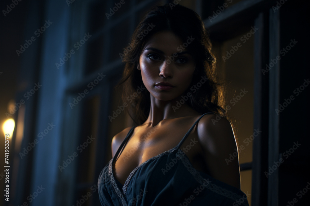 A Femme Fatale in the Moonlight, featuring a mysterious woman shrouded in shadows and moonlit ambiance - obrazy, fototapety, plakaty 