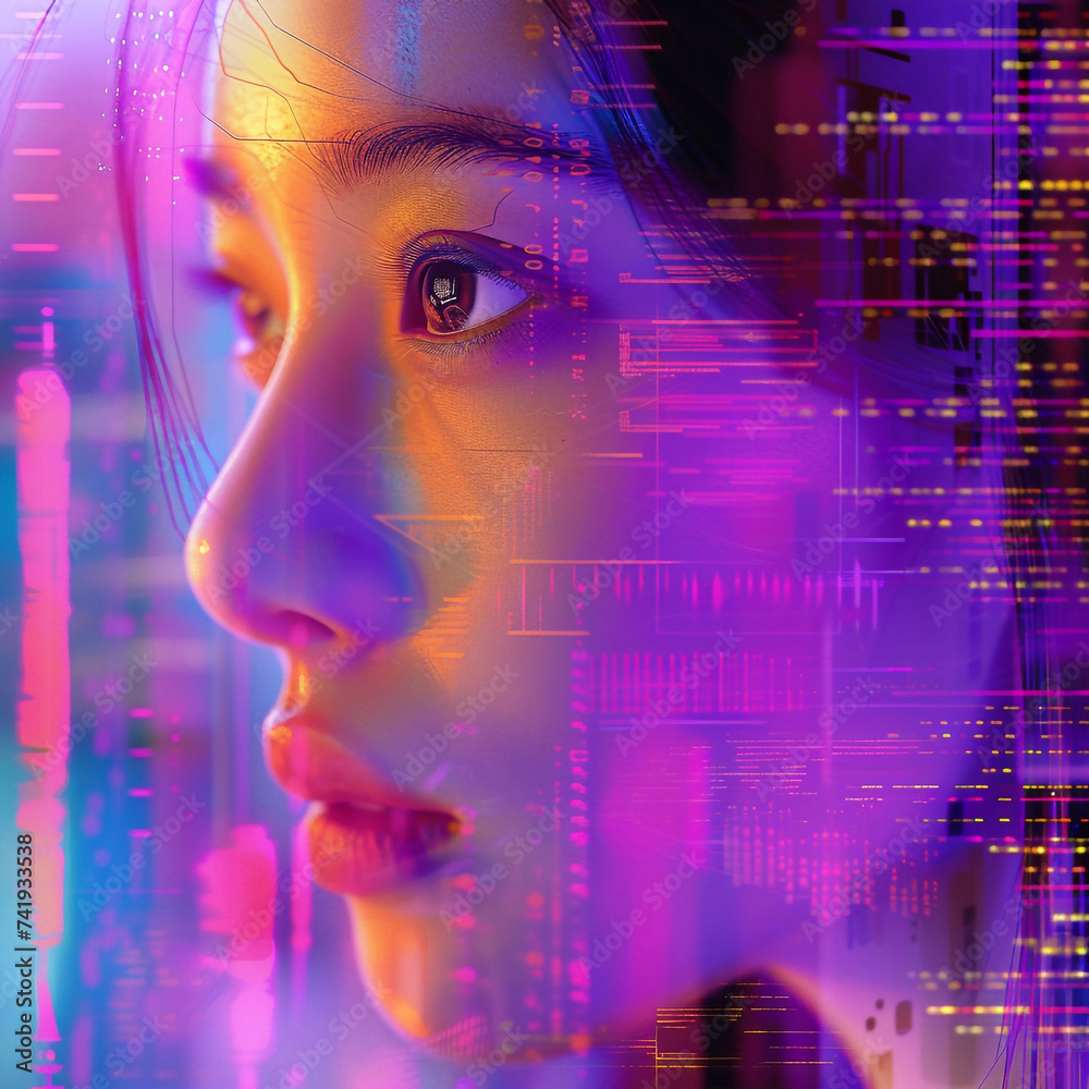 A composite image of an asian young lady showcasing the various applications of facial recognition technology. A composite image of an asian young lady showcasing the various applications of facial recognition technology.
