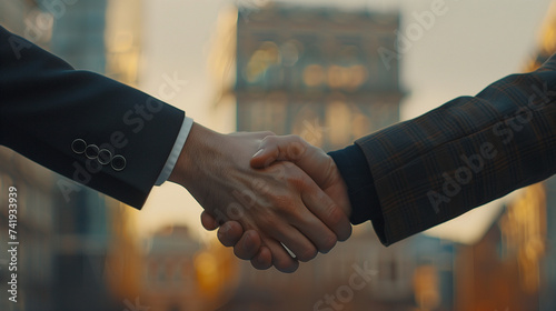 Two businessmen finalize a lucrative business agreement with a handshake, captured in close-up, with city buildings blurred in the background photo