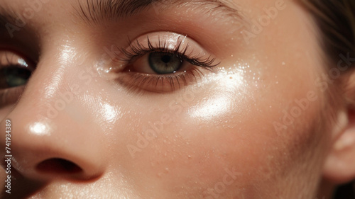 Close up of young natural beautiful woman with healthy glowy skin with freckles, eyelash and brow lift. 