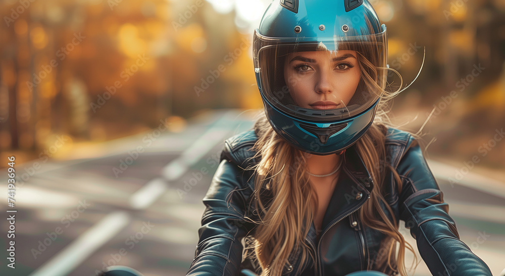 Freedom Ride: Model with Helmet Enjoying the Joy of Motor Driving Freedom Ride: Model with Helmet Enjoying the Joy of Motor Driving