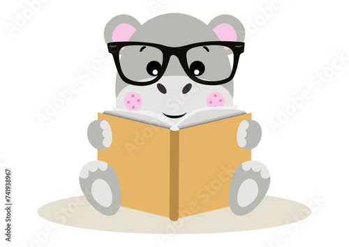 Cute hippo sitting reading a book