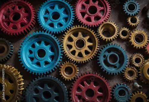Colorful gears on a dark background, Precision in Motion: Exploring the World of Mechanics