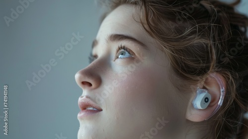 A mesmerizing portrait of a woman with flawless skin, bold eyebrows, and alluring brown eyes gazing upwards, adorned with stunning eyelashes, a daring lip color, and intricate body piercings, radiati photo