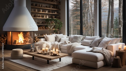 White sofa with pink pillows and fur and woolen blankets near fireplace. Scandinavian hygge home interior design of modern living room 