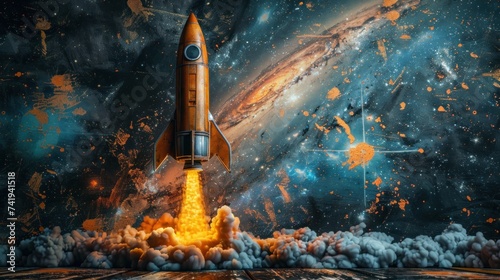 A space shuttle is seen flying through a galaxy teeming with bright stars. The vast expanse of space surrounds the shuttle as it moves gracefully through the cosmic landscape