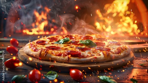 Indulge in a fiery feast as a pizza emerges from the flames of a cozy indoor fireplace  igniting all your senses with its smoky and delicious aroma