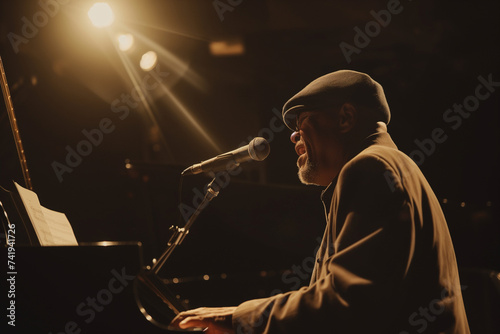 Jazz Singer and Pianist, voice of an older man experienced in music who sings while playing an improvisation with the piano on a stage