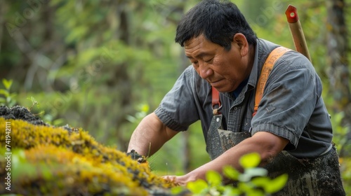 A rugged hiker in denim overalls pauses to admire the vibrant green moss growing on a nearby tree, connecting with nature in the tranquil woods