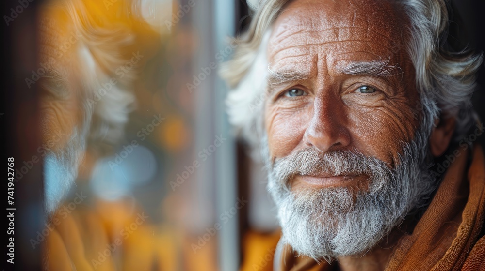 Mature man with a beard smiling warmly near a window.