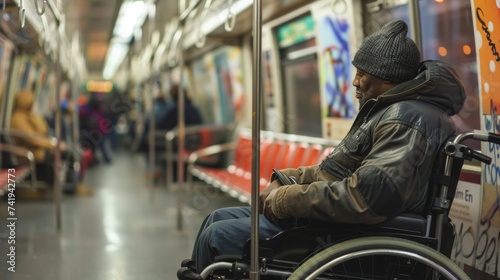 A man in a wheelchair sits alone on a subway train, surrounded by the bustling city streets and buildings, his clothing blending in with the indoor environment © ChaoticMind