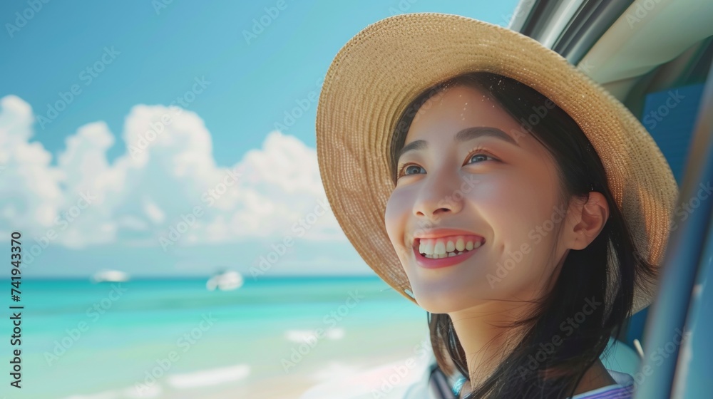 Young woman traveler in a hat standing by car on summer seaside vacation with space for text