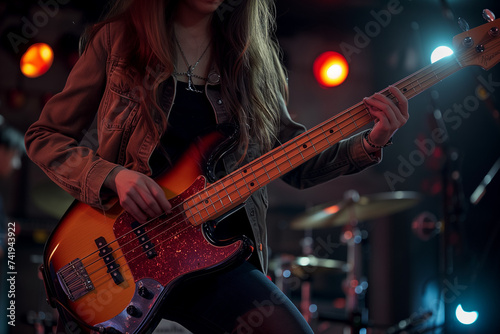 Jazz Guitarist or Bassist, woman with energy and rhythm on a stage for rock shows and musical improvisation photo