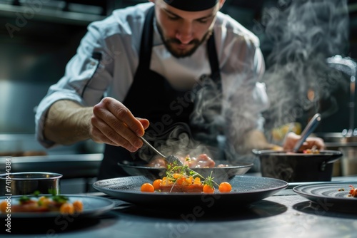 A skilled chef is carefully preparing a unique and artistic culinary dish on top of a sleek black plate, showcasing creativity and precision in gastronomic experience photo