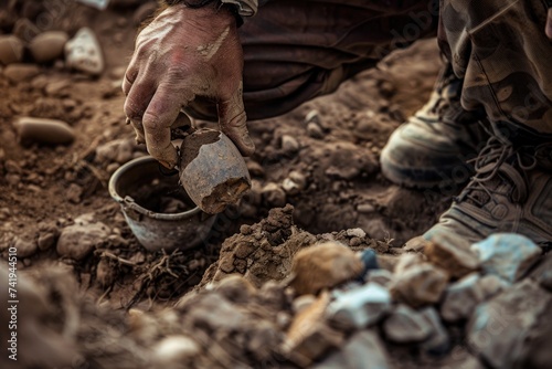 A man is diligently digging into the dirt with a shovel, revealing layers of history buried beneath the surface during an archaeological excavation