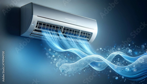 The air conditioner hangs on the wall and blows fresh cool air. Air conditioner close up