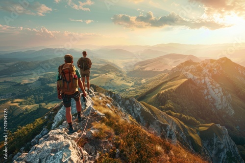 Two adventurers stand triumphantly on top of a mountain, overlooking breathtaking views, symbolizing achievement, perseverance, and a sense of accomplishment